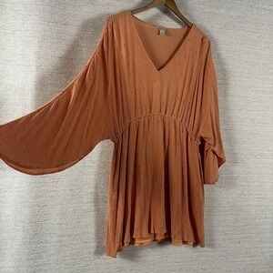 Crinkle Knit Peach Top All Over Gold Accent Sz XL Boho Fairy Whimsical Peasant